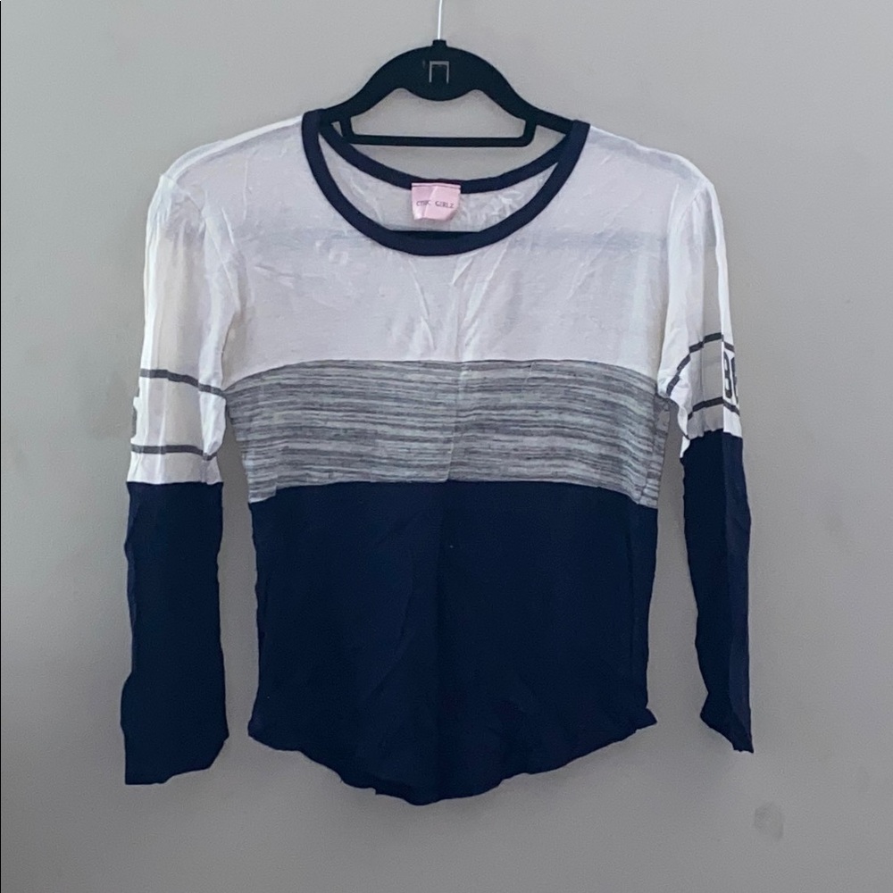 PINK Victoria's Secret White and Gray Fitted Ribbed 3/4 Sleeve Blouse